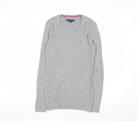 Tommy Hilfiger Women Grey Cable-Knit Jumper XS Classic Crew Neck