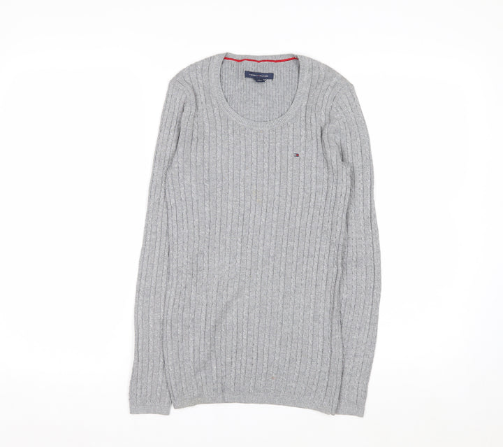 Tommy Hilfiger Women Grey Cable-Knit Jumper XS Classic Crew Neck