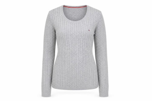 Front view of Tommy Hilfiger Women Grey Cable-Knit Jumper XS Classic Crew Neck