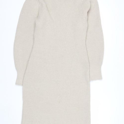 H&M Women Beige Knit Jumper Dress Size S Long Sleeve Crew Neck