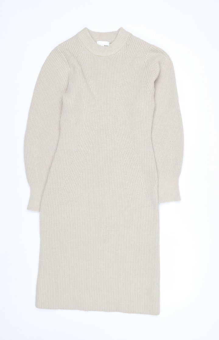 H&M Women Beige Knit Jumper Dress Size S Long Sleeve Crew Neck