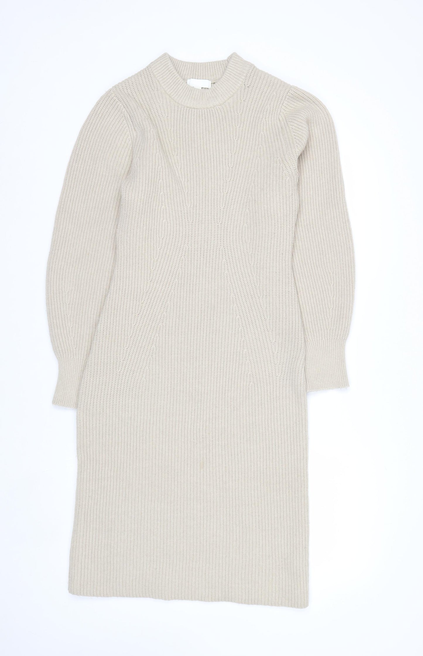 H&M Women Beige Knit Jumper Dress Size S Long Sleeve Crew Neck