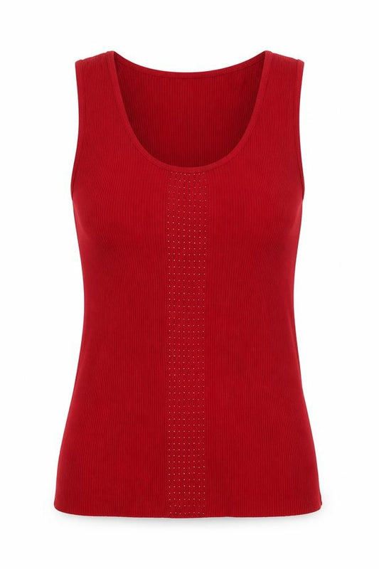 Front view of Laura Women's Red Rhinestone Scoop Neck Sleeveless Knit Vest S