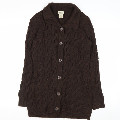 L.L. Bean Women Brown Cable-Knit Wool Blend Button Cardigan S