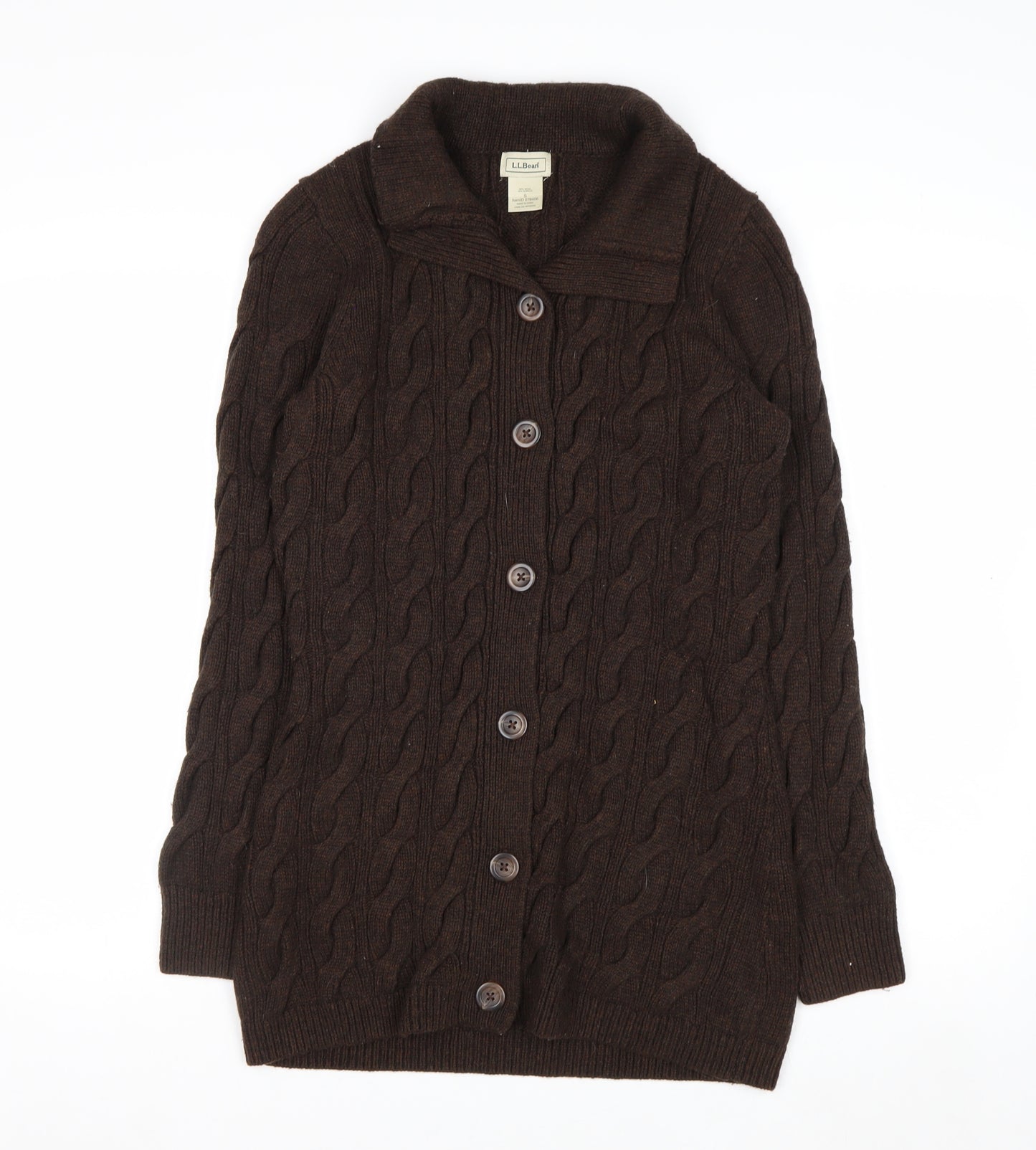 L.L. Bean Women Brown Cable-Knit Wool Blend Button Cardigan S