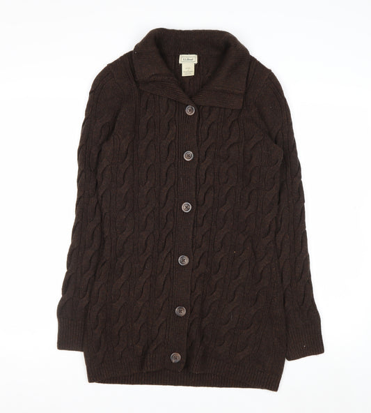 L.L. Bean Women Brown Cable-Knit Wool Blend Button Cardigan S
