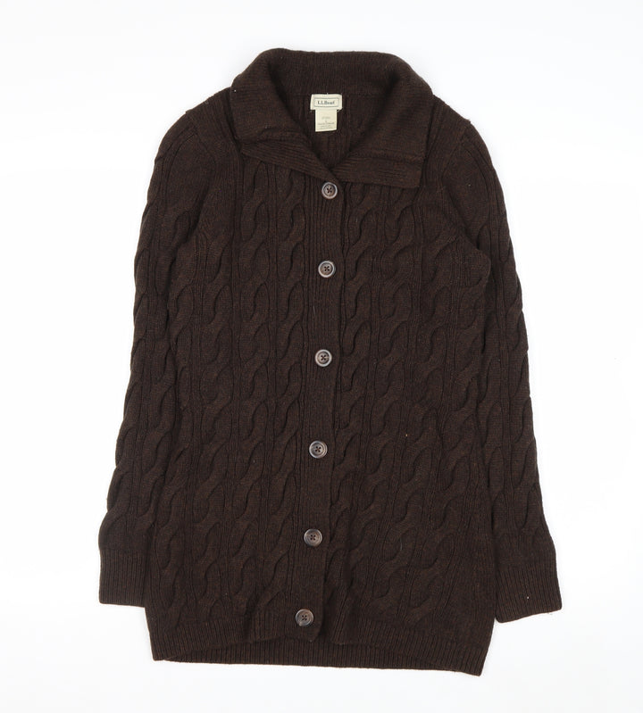L.L. Bean Women Brown Cable-Knit Wool Blend Button Cardigan S