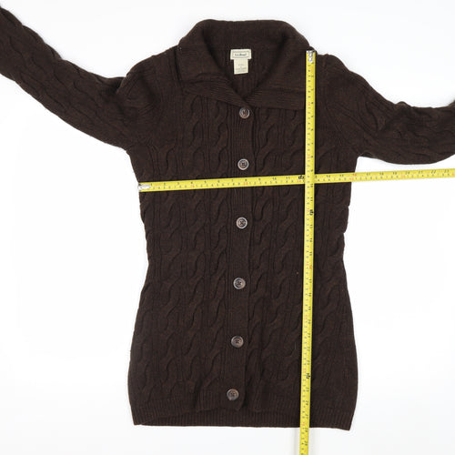 L.L. Bean Women Brown Cable-Knit Wool Blend Button Cardigan S
