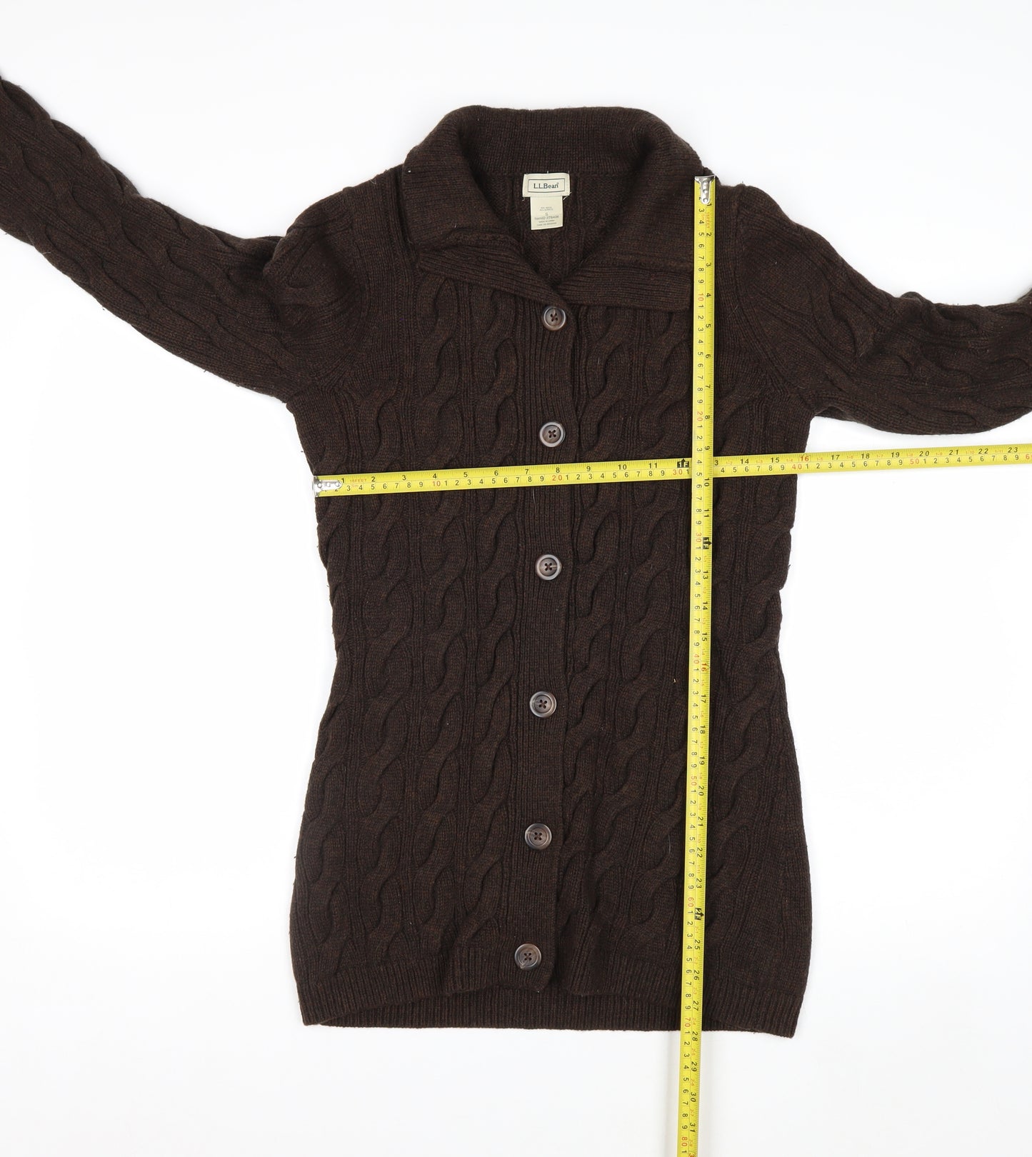 L.L. Bean Women Brown Cable-Knit Wool Blend Button Cardigan S