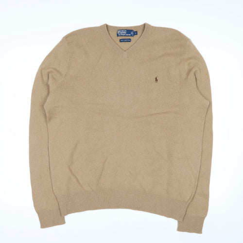 Ralph Lauren Men's Beige Wool V-Neck Pullover Jumper L