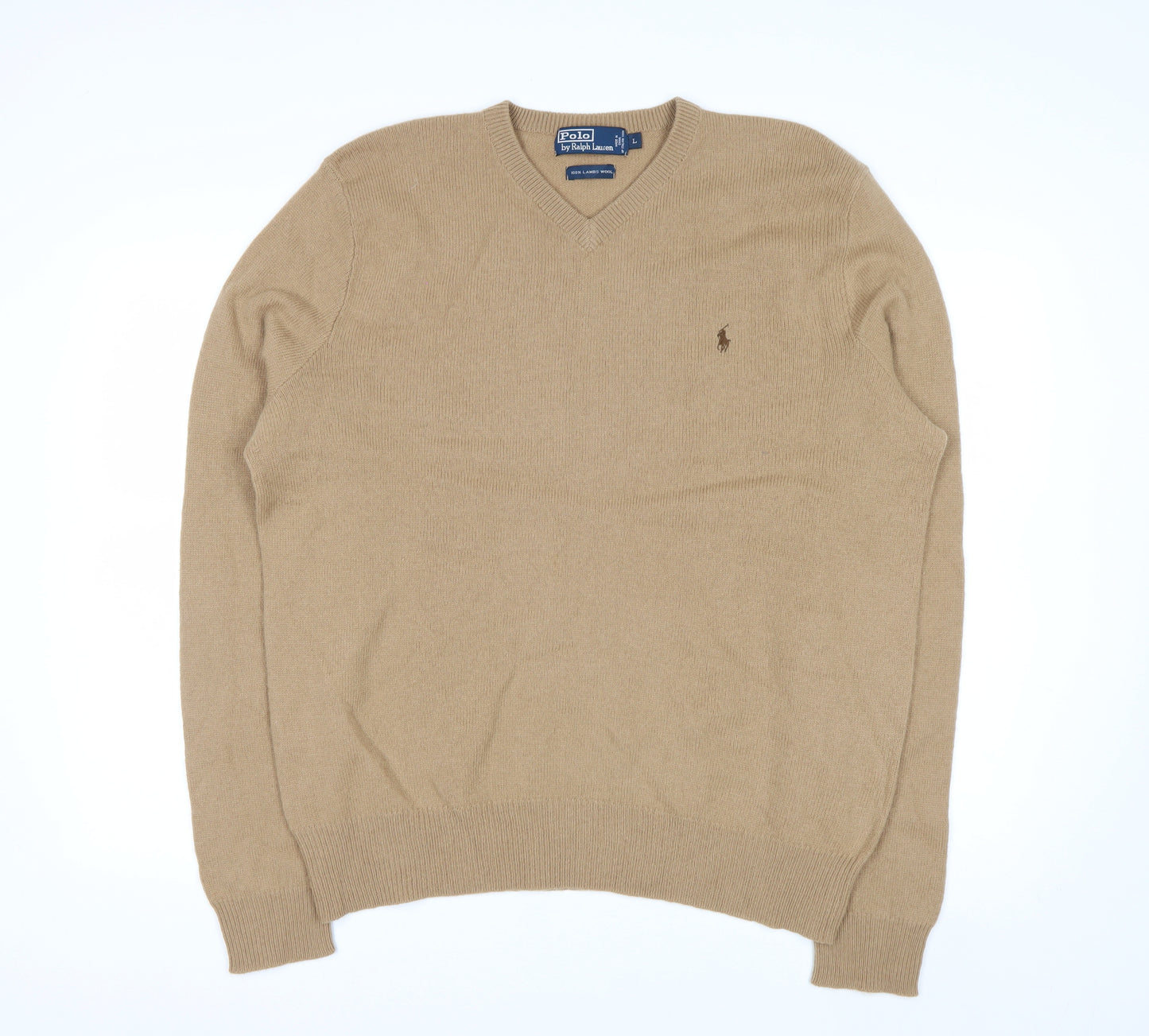 Ralph Lauren Men's Beige Wool V-Neck Pullover Jumper L
