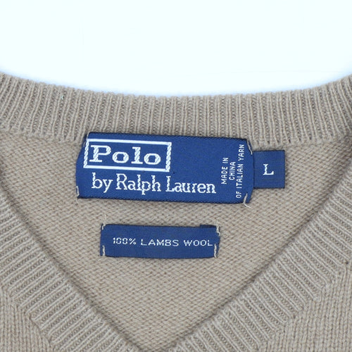 Ralph Lauren Men's Beige Wool V-Neck Pullover Jumper L