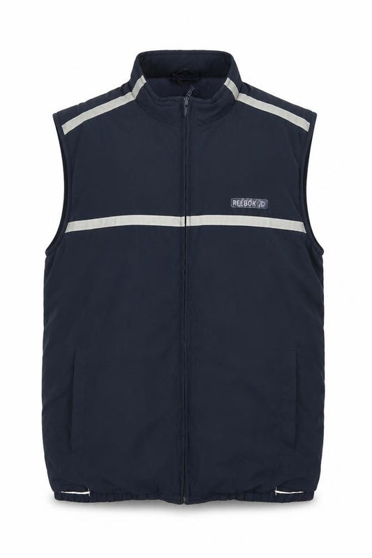 Front view of Reebok men’s blue polyester zip bodywarmer gilet, size L