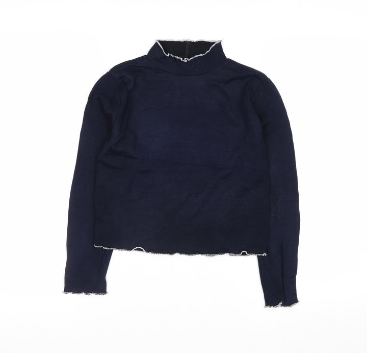 Beyond Retro Womens Blue High Neck Slim Fit Knit Jumper Medium
