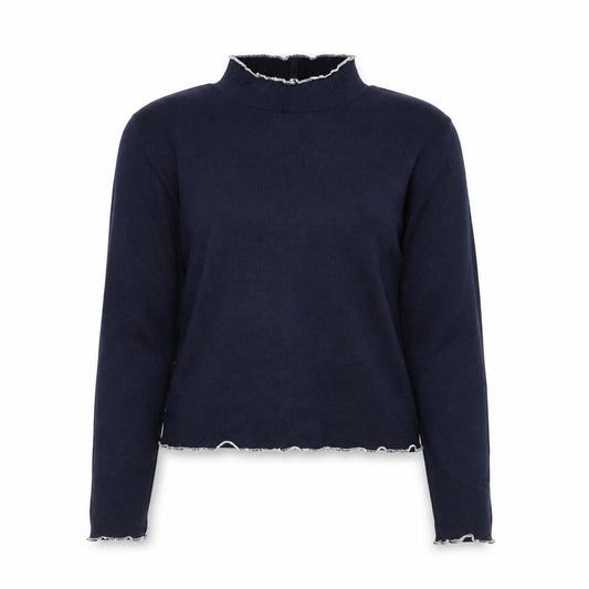 Front view of Vintage women’s blue high neck slim fit knit jumper medium