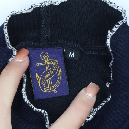 Beyond Retro Womens Blue High Neck Slim Fit Knit Jumper Medium