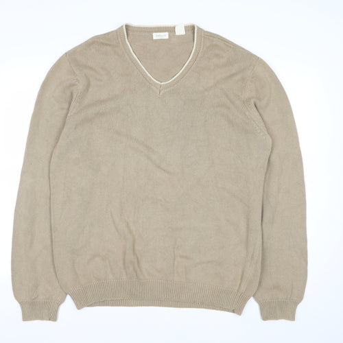 Van Heusen Men Beige Cotton V-Neck Jumper L Lightweight Knit