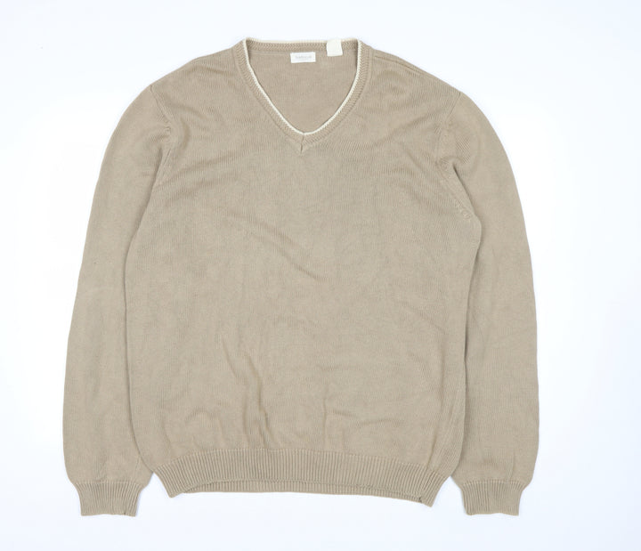Van Heusen Men Beige Cotton V-Neck Jumper L Lightweight Knit