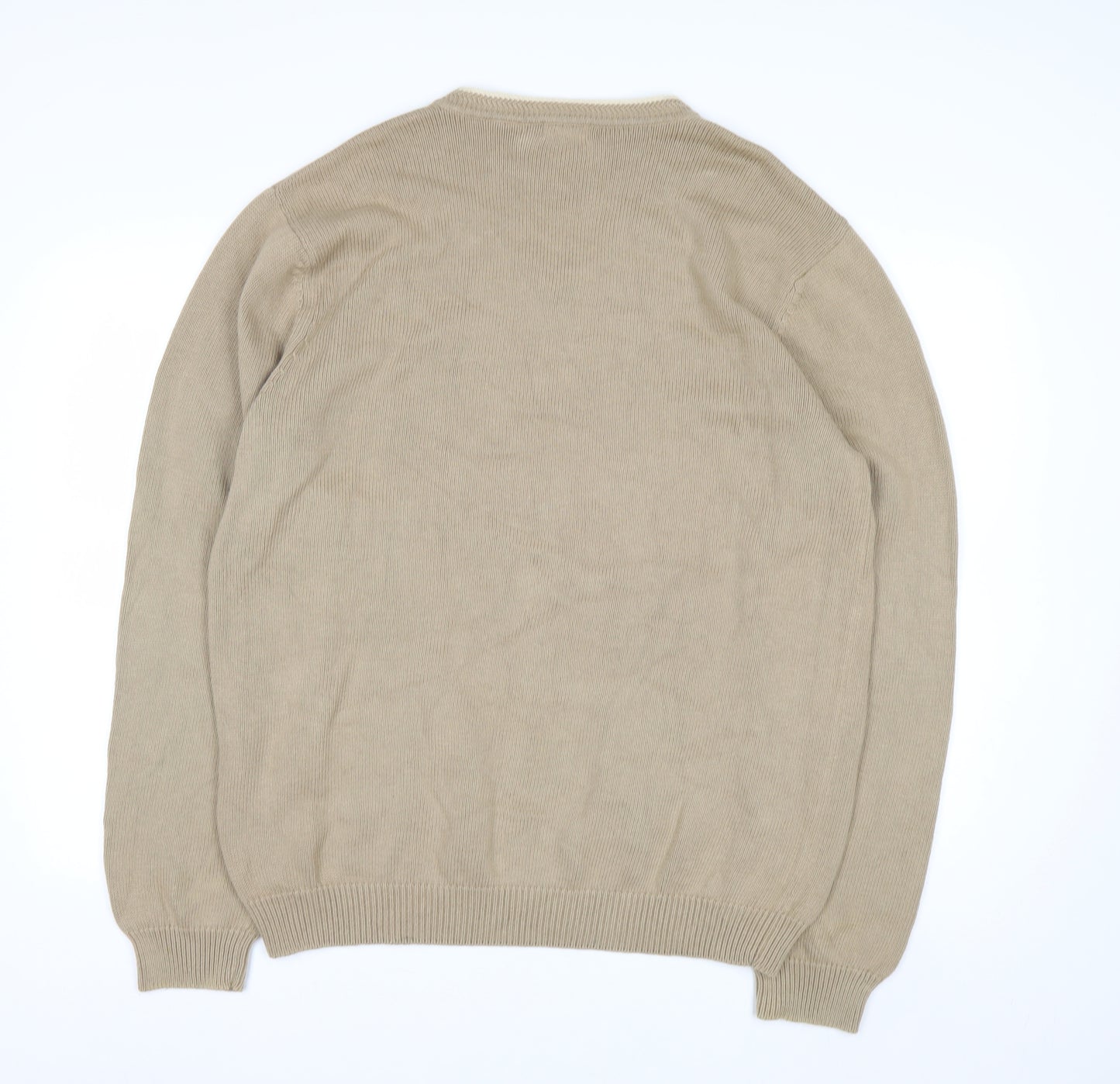 Van Heusen Men Beige Cotton V-Neck Jumper L Lightweight Knit