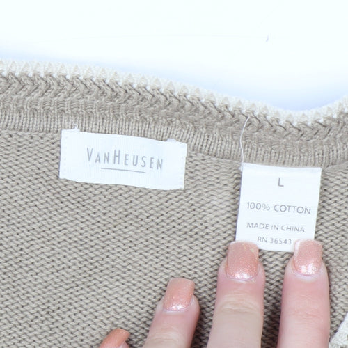 Van Heusen Men Beige Cotton V-Neck Jumper L Lightweight Knit