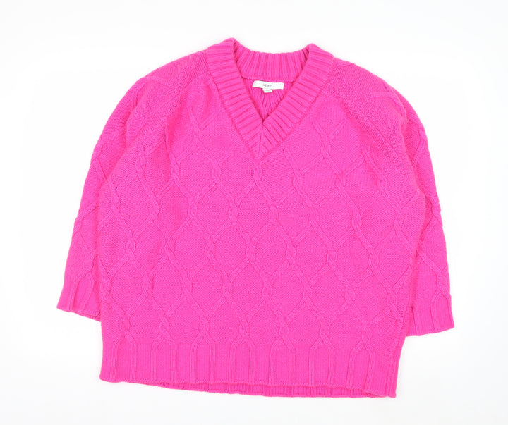 Next Women’s Pink V-Neck Cable-Knit Wool Blend Jumper L