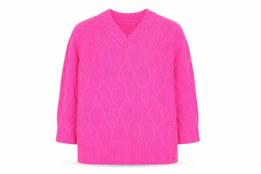 Front view of Next Women’s Pink V-Neck Cable-Knit Wool Blend Jumper L