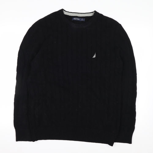 Nautica Men’s Black Cotton Cable Knit Crew Neck Jumper Size L