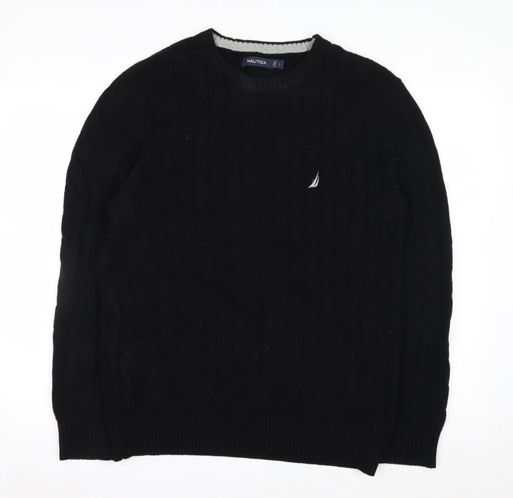 Nautica Men’s Black Cotton Cable Knit Crew Neck Jumper Size L