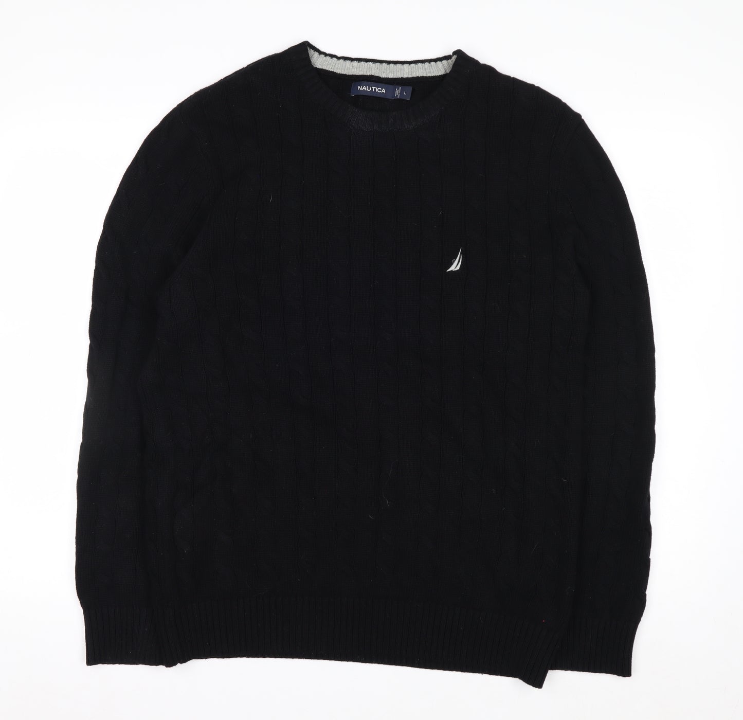 Nautica Men’s Black Cotton Cable Knit Crew Neck Jumper Size L