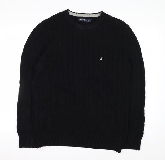 Nautica Men’s Black Cotton Cable Knit Crew Neck Jumper Size L