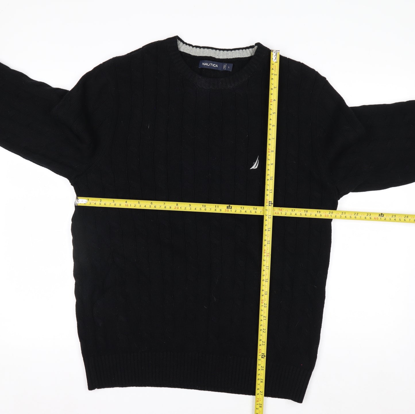 Nautica Men’s Black Cotton Cable Knit Crew Neck Jumper Size L
