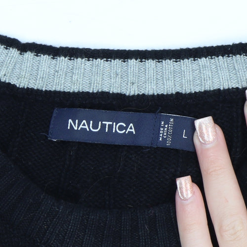 Nautica Men’s Black Cotton Cable Knit Crew Neck Jumper Size L