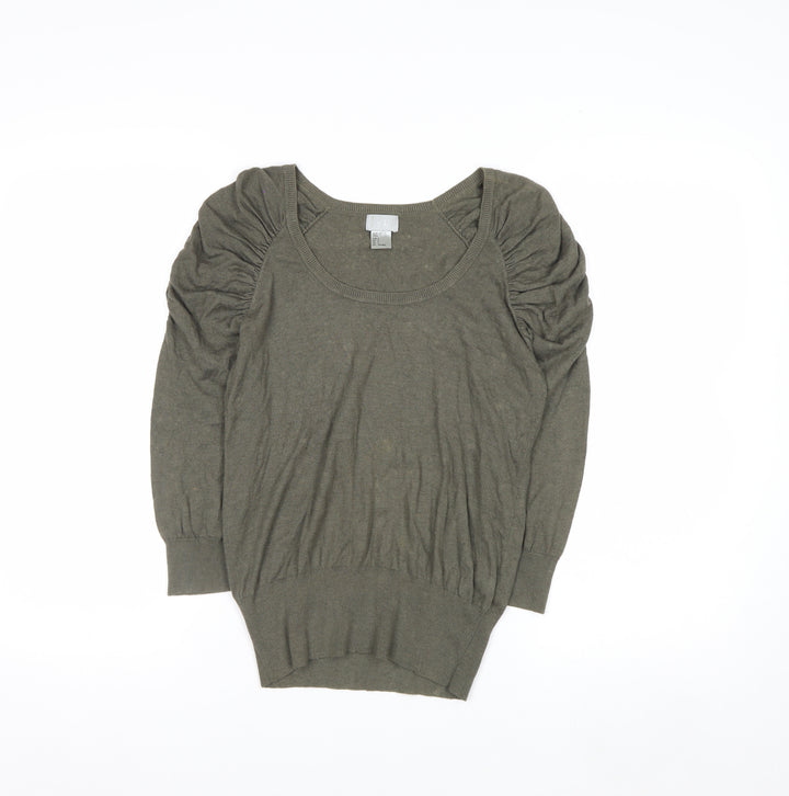 H&M Womens Green Scoop Neck Puff Sleeve Knit Jumper Size 8