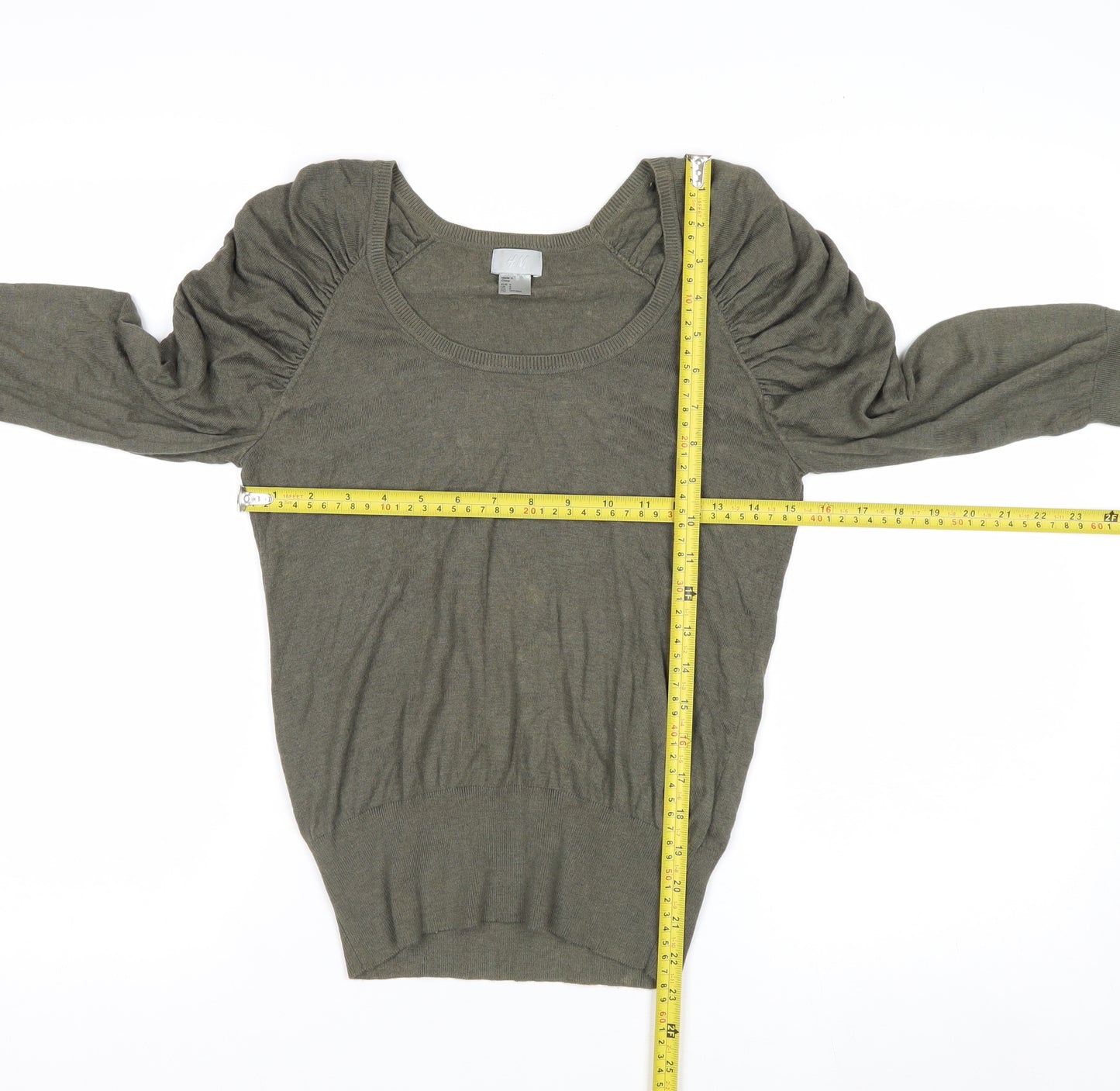 H&M Womens Green Scoop Neck Puff Sleeve Knit Jumper Size 8