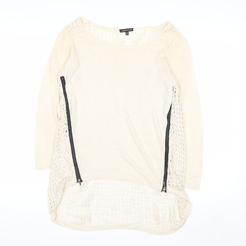 Warehouse Women Beige Open-Knit Lightweight Zip Jumper UK 6