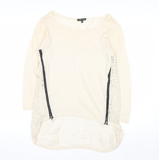 Warehouse Women Beige Open-Knit Lightweight Zip Jumper UK 6