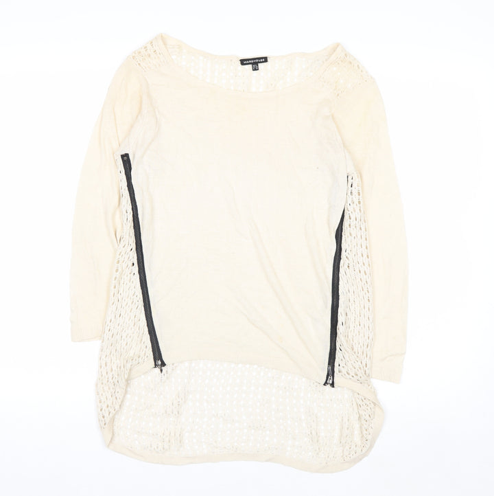 Warehouse Women Beige Open-Knit Lightweight Zip Jumper UK 6