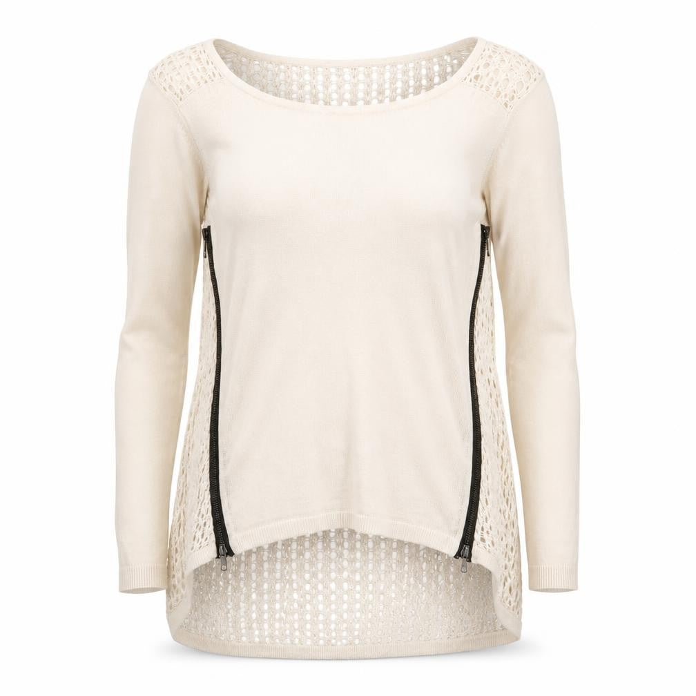 Warehouse Women Beige Open-Knit Lightweight Zip Jumper UK 6