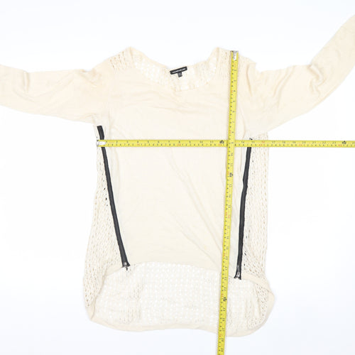 Warehouse Women Beige Open-Knit Lightweight Zip Jumper UK 6