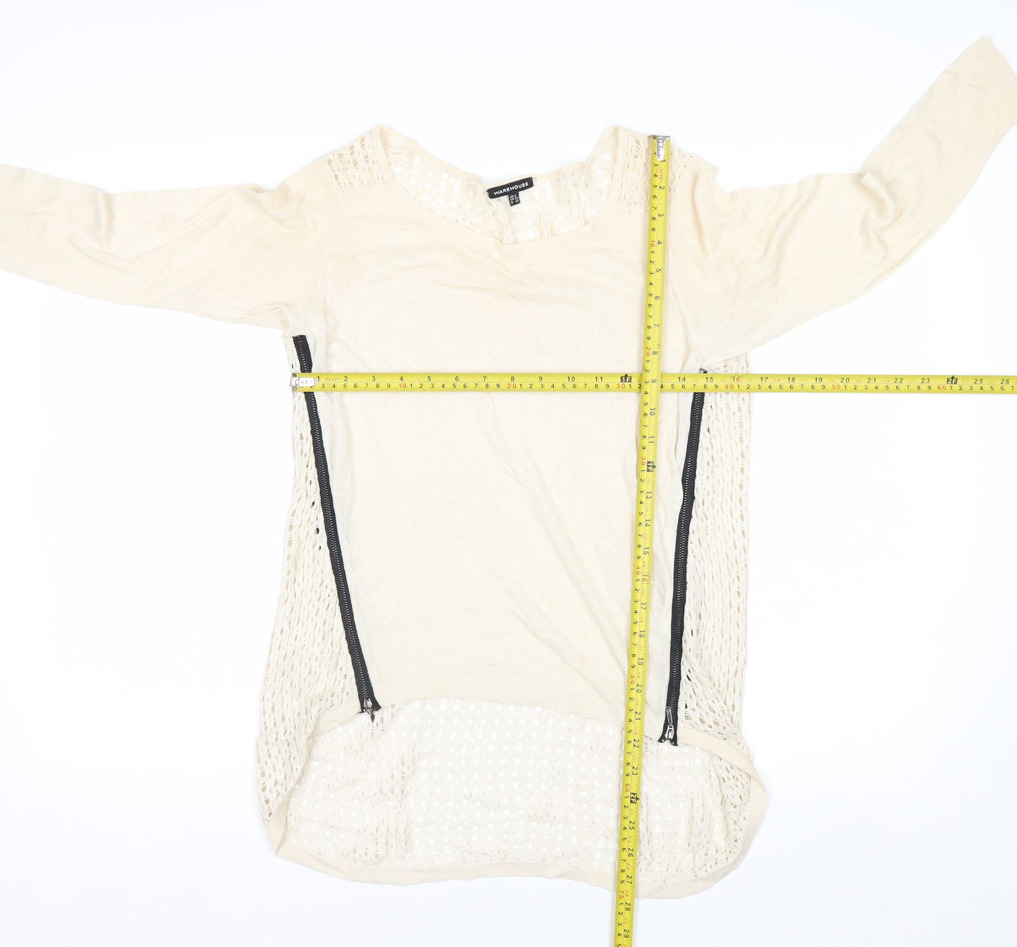 Warehouse Women Beige Open-Knit Lightweight Zip Jumper UK 6