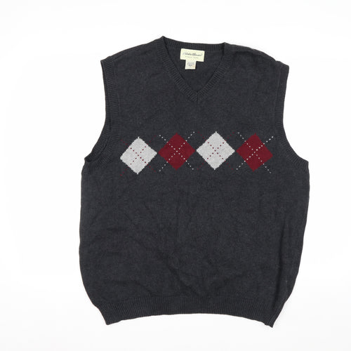 Eddie Bauer Mens Grey Argyle Cotton Knit Vest L Vintage