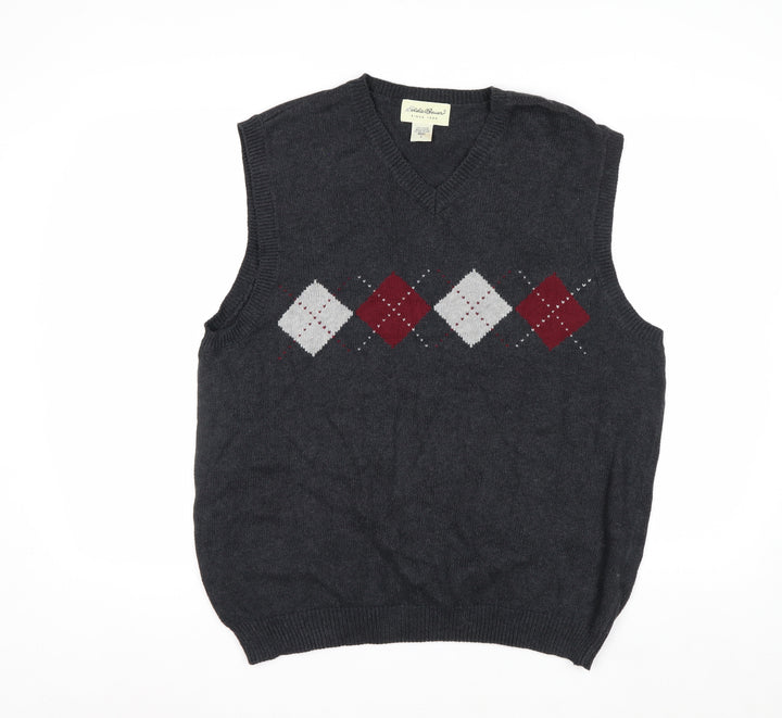 Eddie Bauer Mens Grey Argyle Cotton Knit Vest L Vintage