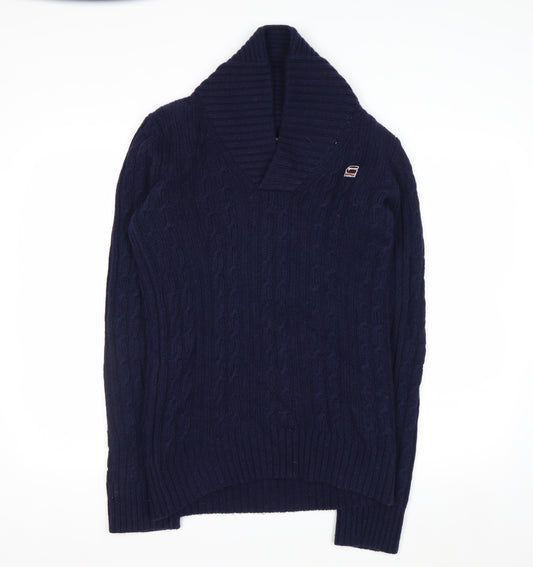 G-Star RAW Men's Blue Wool Cable-Knit V-Neck Pullover Jumper Size S