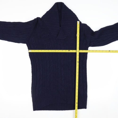 G-Star RAW Men's Blue Wool Cable-Knit V-Neck Pullover Jumper Size S
