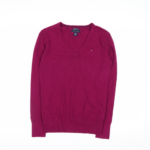 Tommy Hilfiger Women's Pink V-Neck Cotton Blend Jumper S