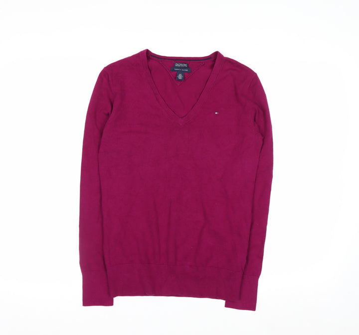 Tommy Hilfiger Women's Pink V-Neck Cotton Blend Jumper S