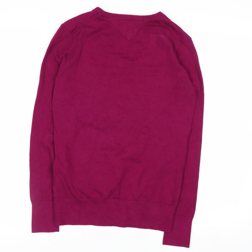 Tommy Hilfiger Women's Pink V-Neck Cotton Blend Jumper S