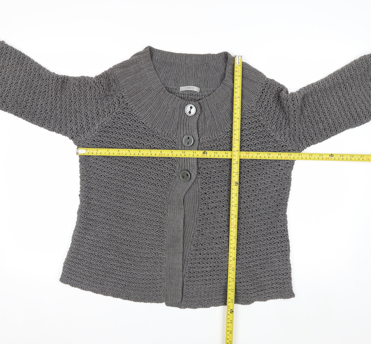 Marks and Spencer Women Grey Size 12 Button Knit Cardigan