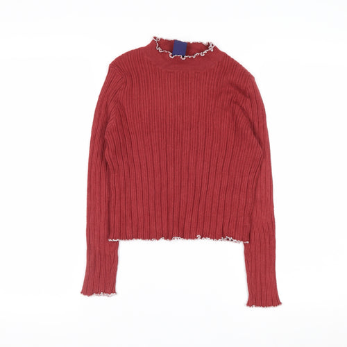 Beyond Retro Womens Red Ribbed Mock Neck Pullover Jumper Size S
