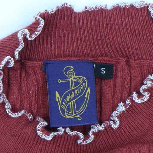 Beyond Retro Womens Red Ribbed Mock Neck Pullover Jumper Size S